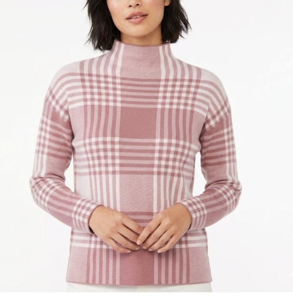 MAX STUDIO Plaid Mock Neck Sweater Regular Fit Pullover Knit Pink White Womens M